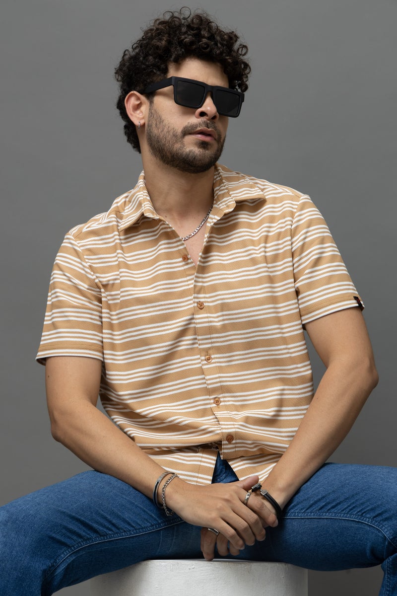 GO DEVIL Beige & White Striped Shirt for Men - Image 1